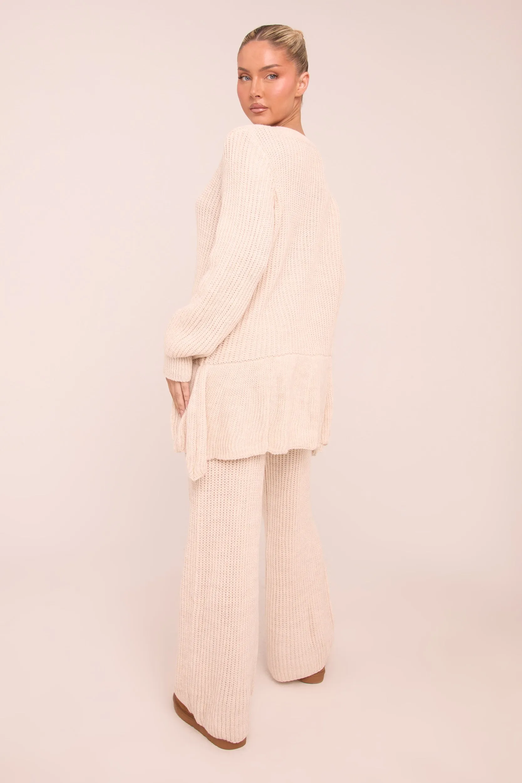 Beige Knit Tie Front Frill Hem Cardigan & Straight Leg Trouser Loungewear Co-ord Set - Julianna