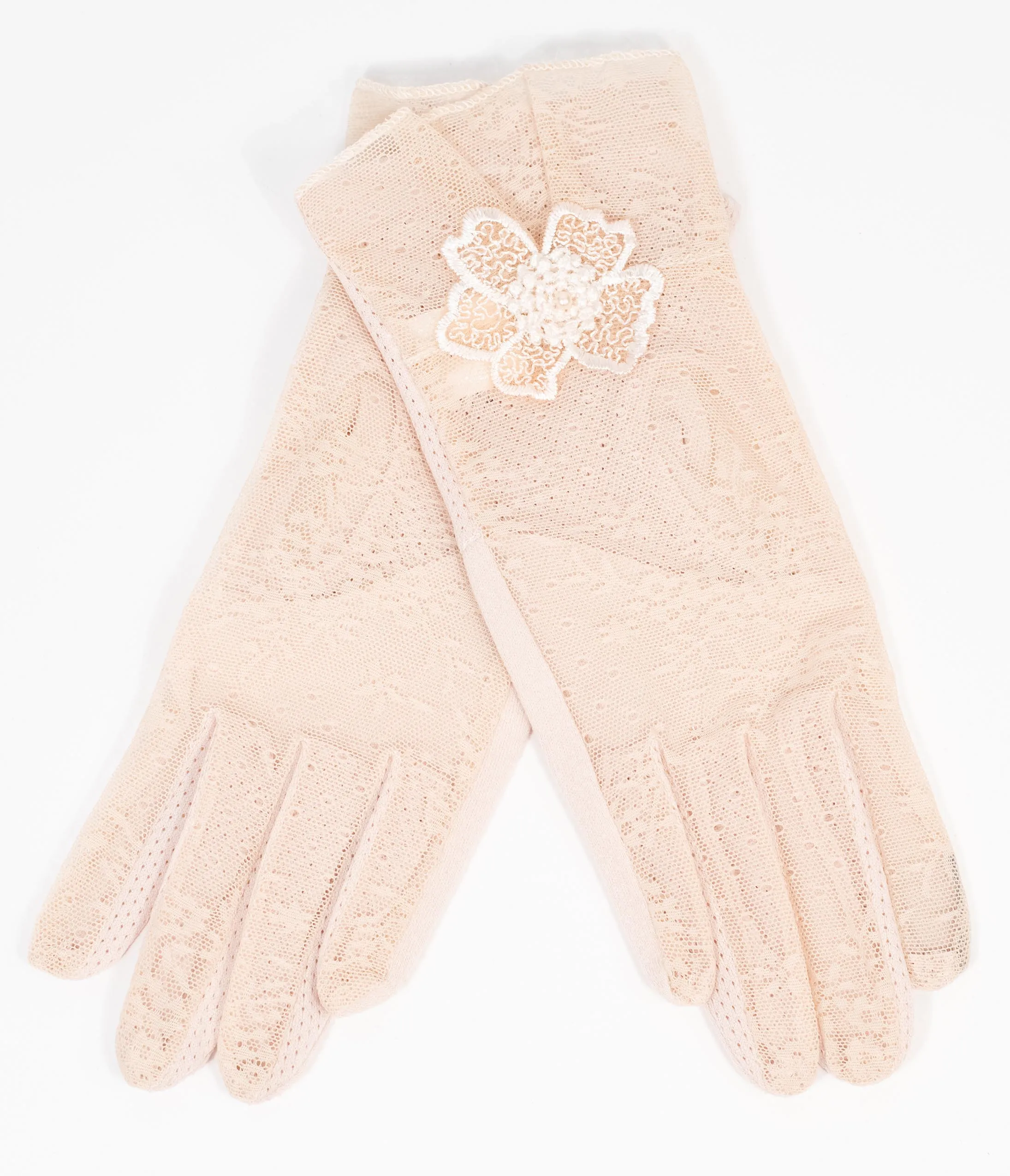 Beige Lace & Floral Accent Gloves