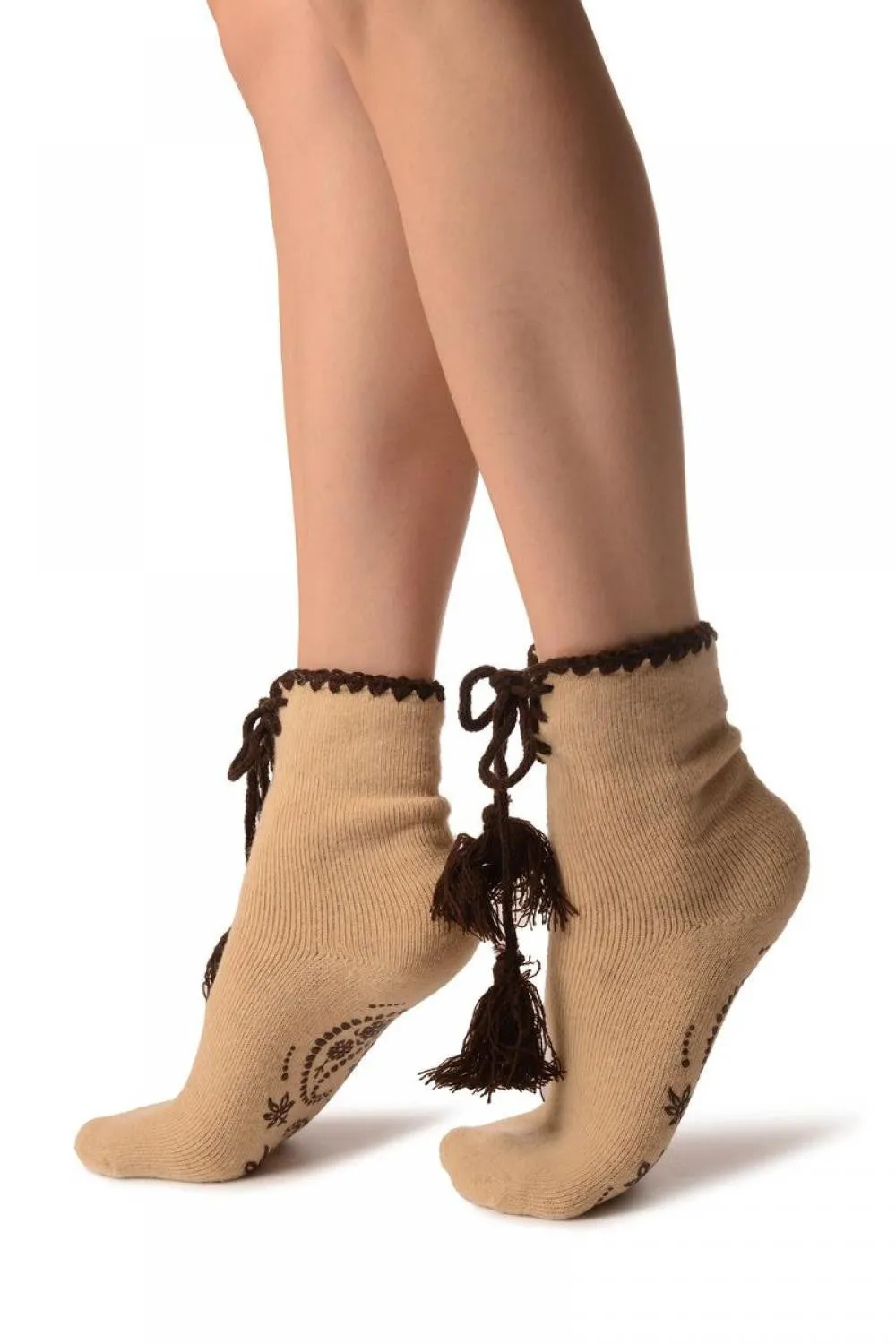 Beige Lace Up With Silicon Grip Angora Ankle High Socks