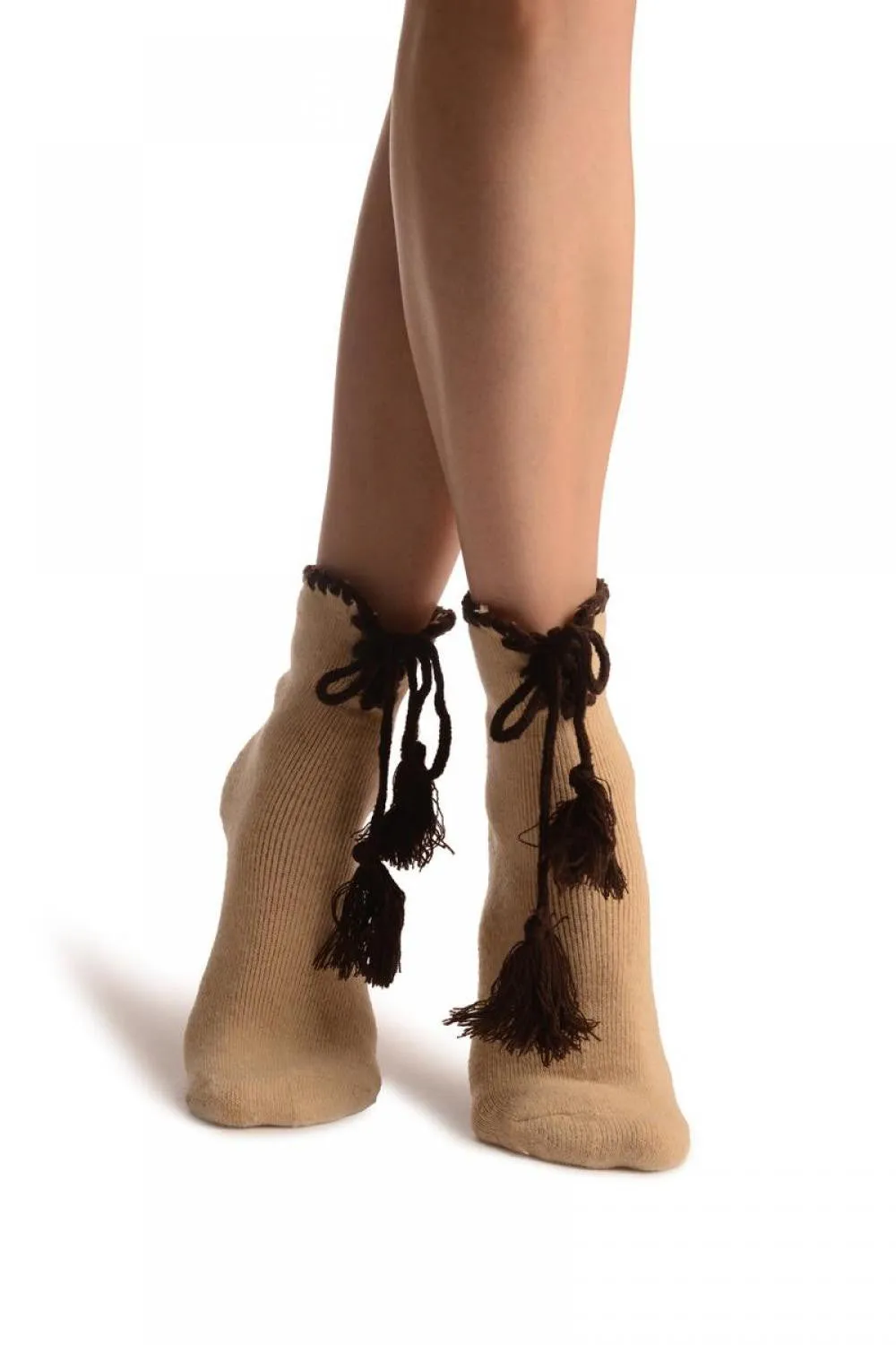 Beige Lace Up With Silicon Grip Angora Ankle High Socks