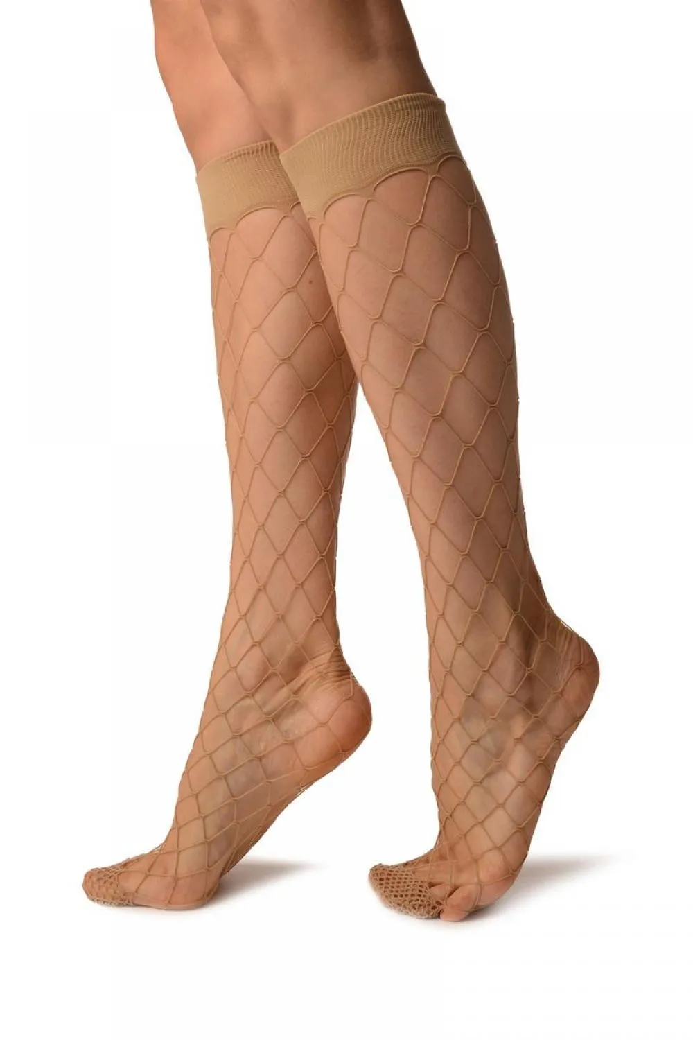 Beige Large Fishnet With Wide Top & Reinforced Toe Knee High Socks