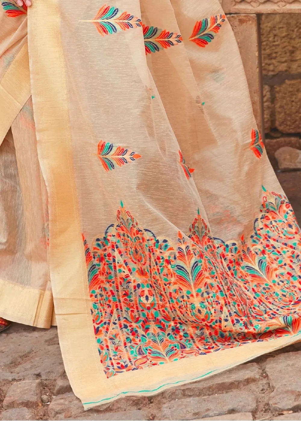 Beige Linen Silk Saree with Colorful Weaving work