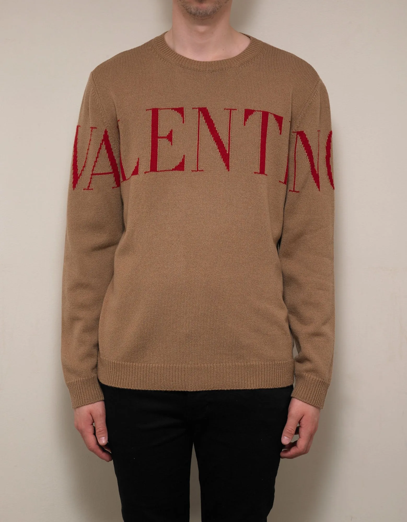 Beige Logo Intarsia Cashmere Sweater