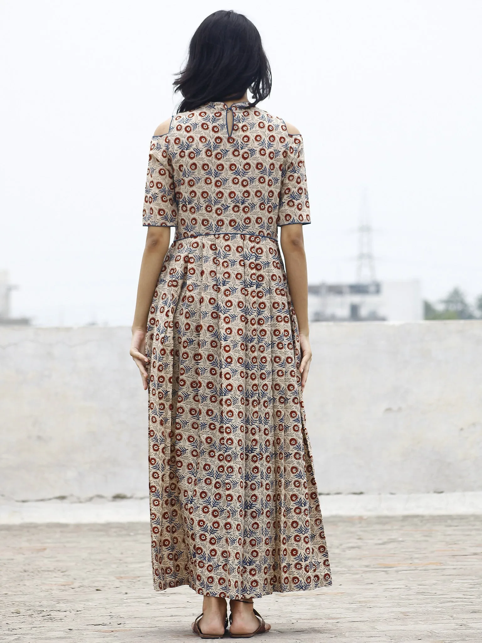 Beige Maroon Blue Black Hand Block Cotton Dress With Cold Shoulder And Side Pockets -  D80F779