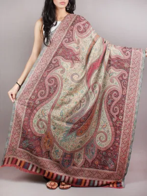 Beige Maroon Green Pure Wool Kani Jamawar Cashmere Shawl From Kashmir - S200101