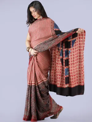 Beige Maroon Indigo Black Ajrakh Hand Block Printed Modal Silk Saree - S031704261