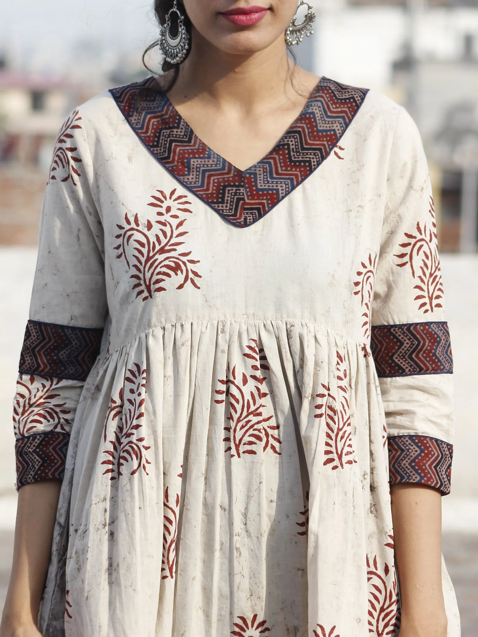 Beige Maroon Indigo Hand Block Printed Cotton Dress With Ajrakh Printed Border & Gathers - D73F428