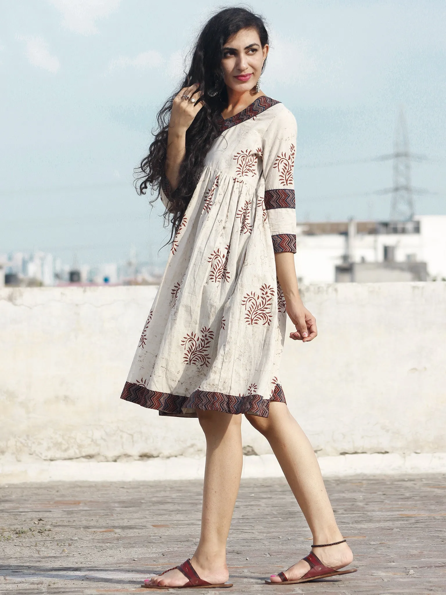 Beige Maroon Indigo Hand Block Printed Cotton Dress With Ajrakh Printed Border & Gathers - D73F428