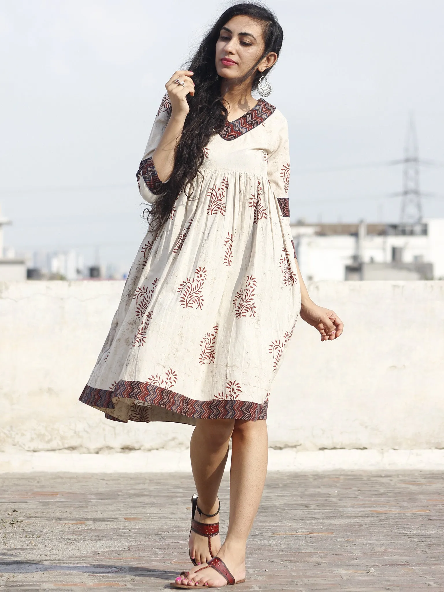 Beige Maroon Indigo Hand Block Printed Cotton Dress With Ajrakh Printed Border & Gathers - D73F428