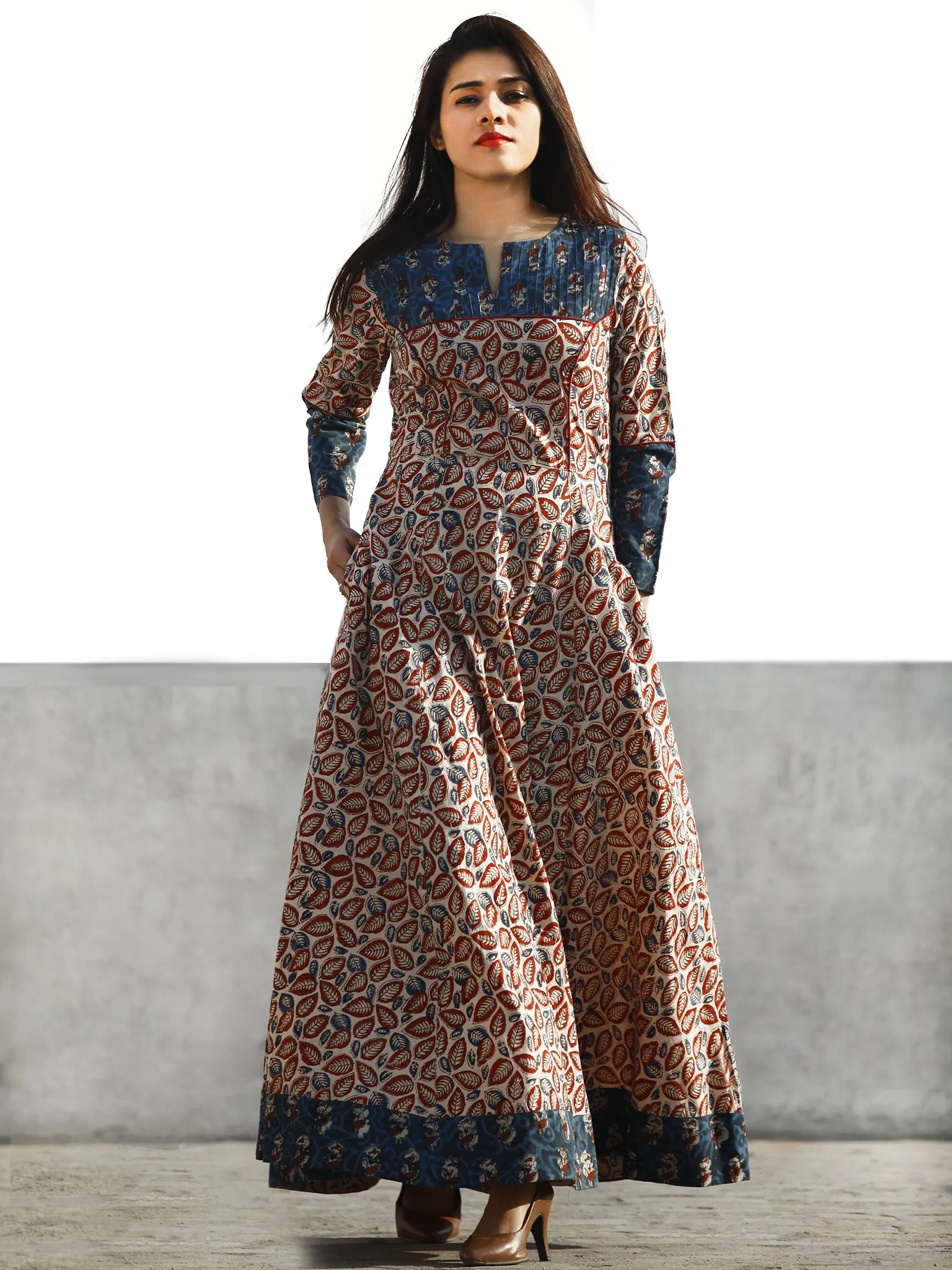 Beige Maroon Indigo Hand Block Printed Long Dress With Pin tucks  - D186F1133