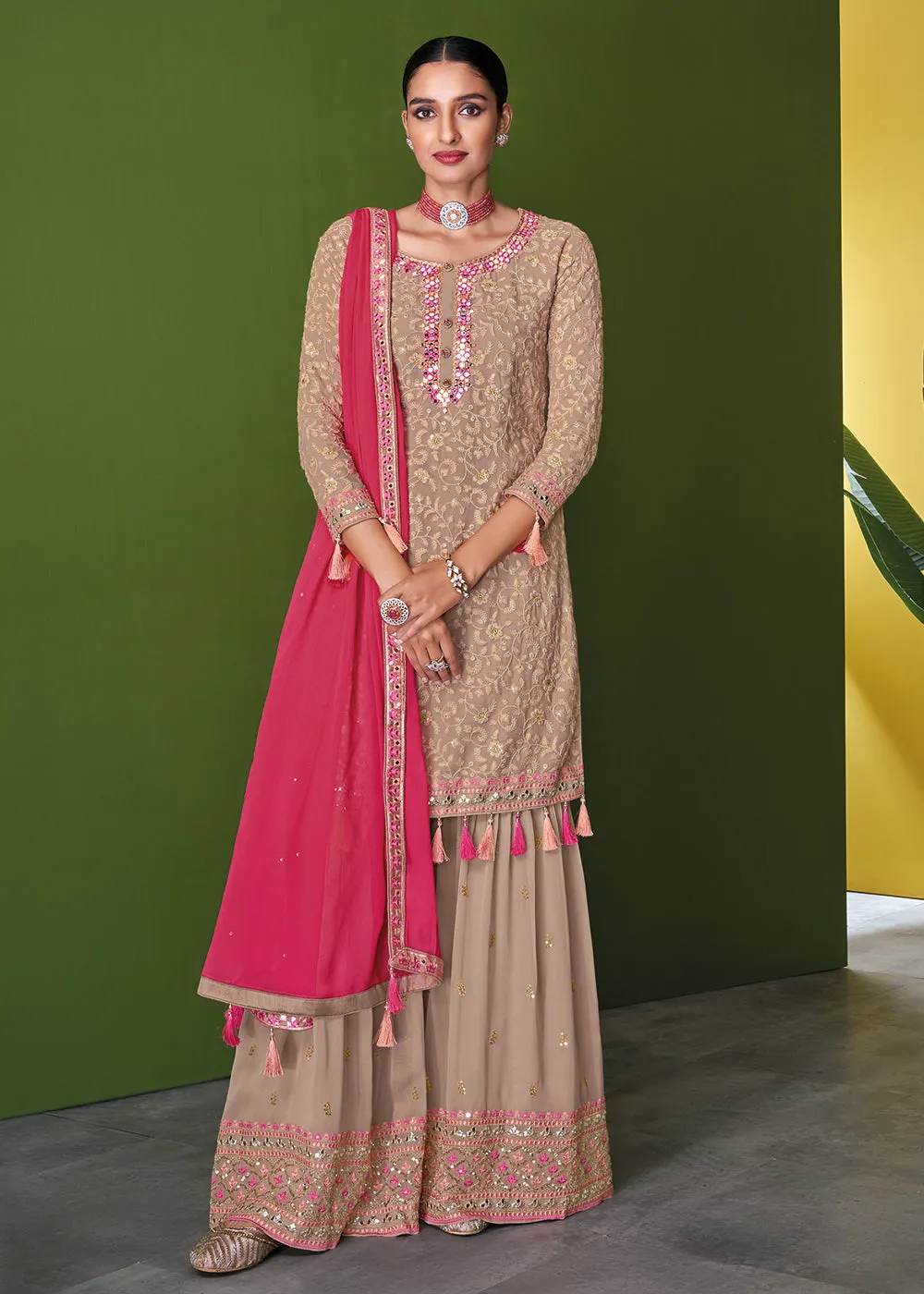 Beige Mauve Beautifully Embroidered Festive Palazzo Suit