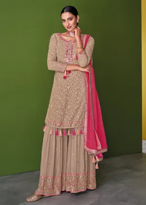 Beige Mauve Beautifully Embroidered Festive Palazzo Suit