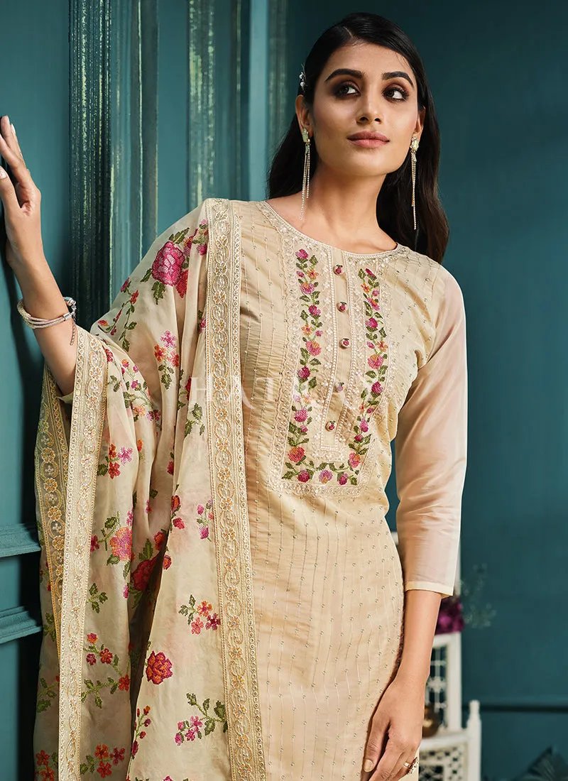 Beige Multi Embroidered Pakistani Pant Style Suit