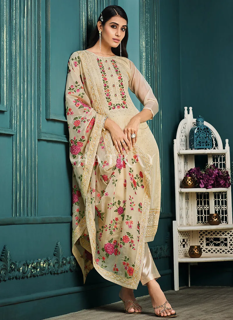 Beige Multi Embroidered Pakistani Pant Style Suit