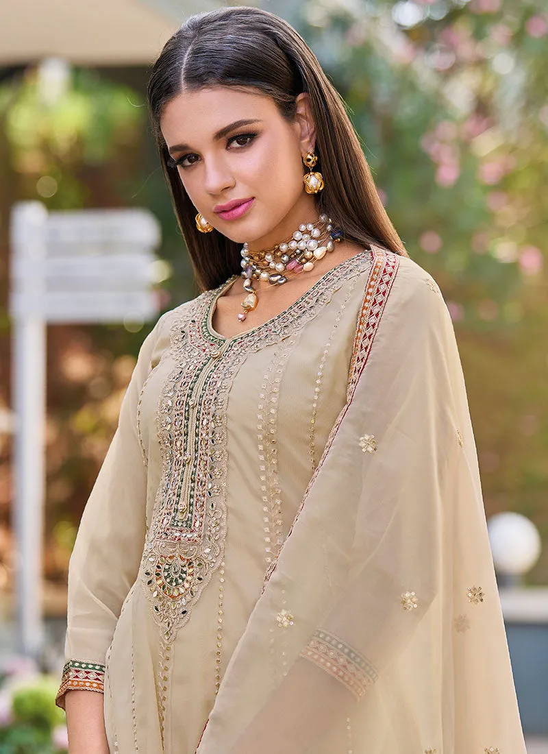 Beige Multi Embroidered Traditional Afghani Suit