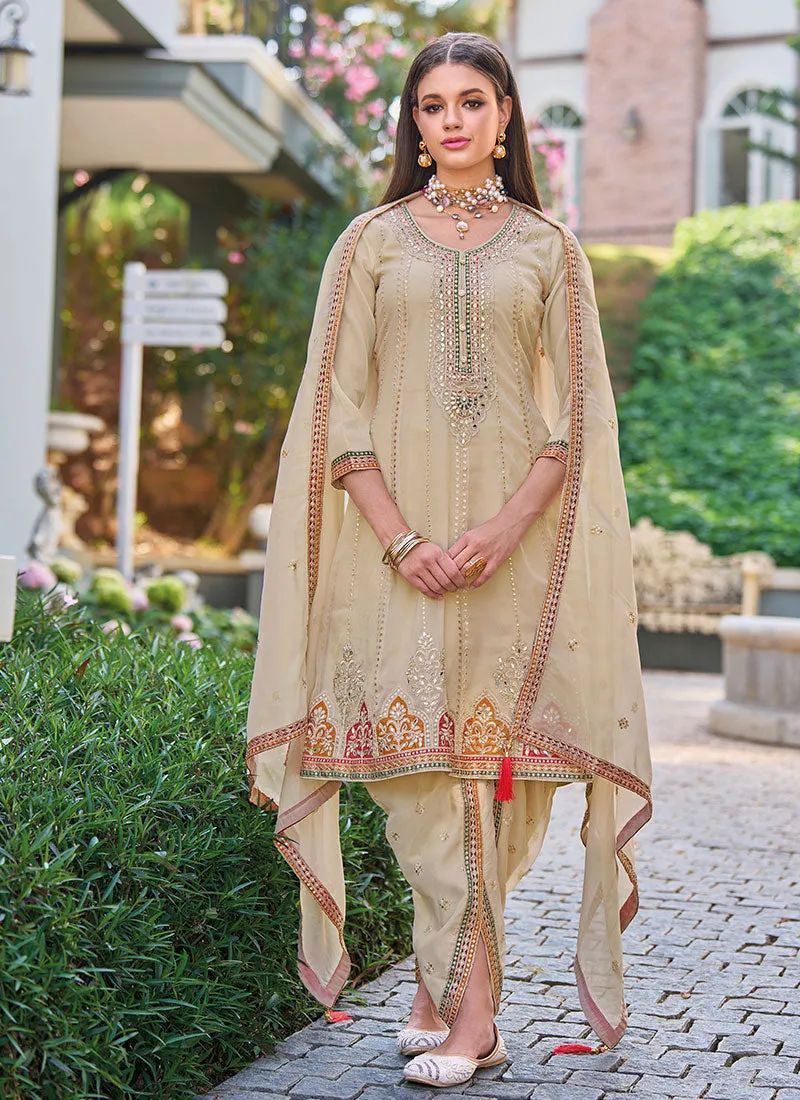 Beige Multi Embroidered Traditional Afghani Suit