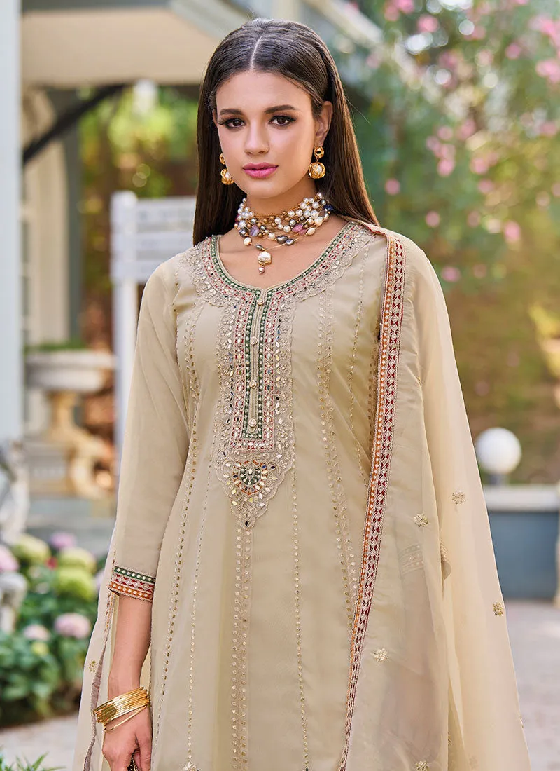 Beige Multi Embroidered Traditional Afghani Suit