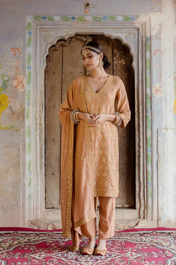 Beige Muslin Gota & Taari Detailing Suit Set with Soft Cotton Dupatta