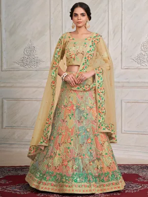 Beige Net Semi stitched Lehenga With Unstitched Blouse