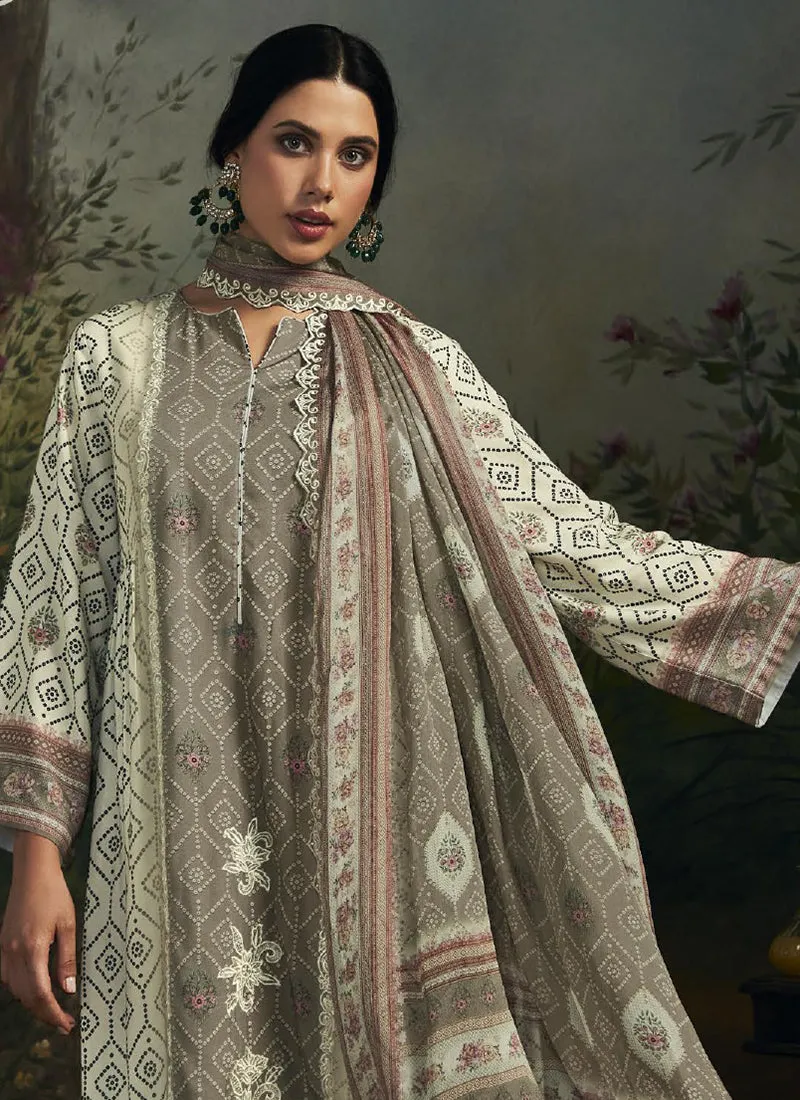 Beige Olive Chikankari Embroidery Salwar Kameez Suit