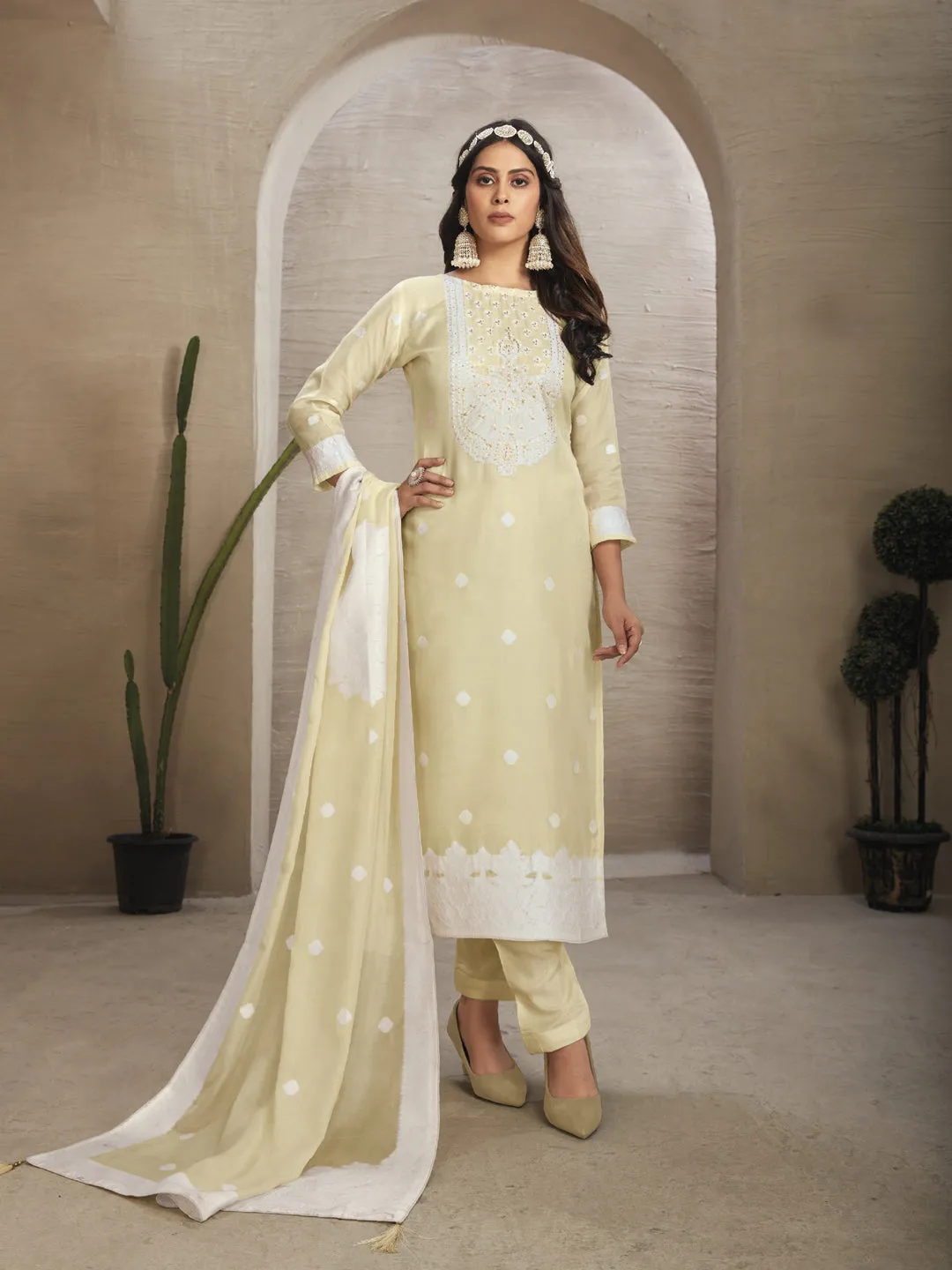 Beige  Organza Pant Suit With Wevon Design Diamond Work