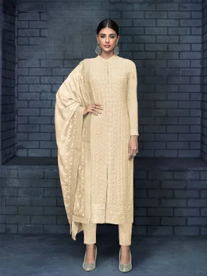 Beige Over All Lucknowi Embroidered Designer Pant Suit