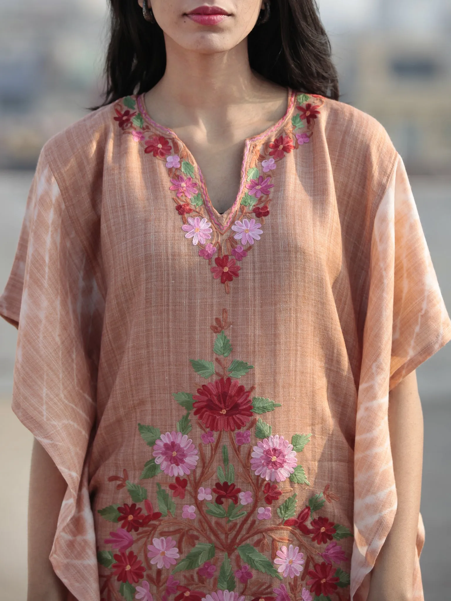 Beige Pink Red Green Aari Embroidered Short Kashmere Kaftan  - K11K050