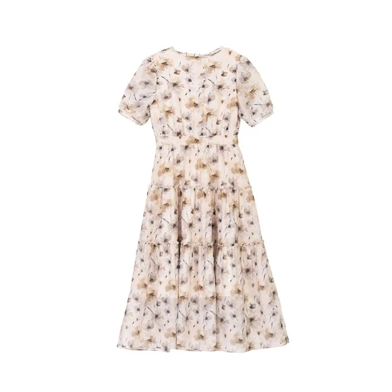 Beige Printed Flower Pattern Waist Midi Dress