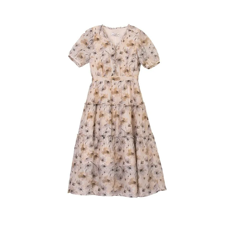 Beige Printed Flower Pattern Waist Midi Dress