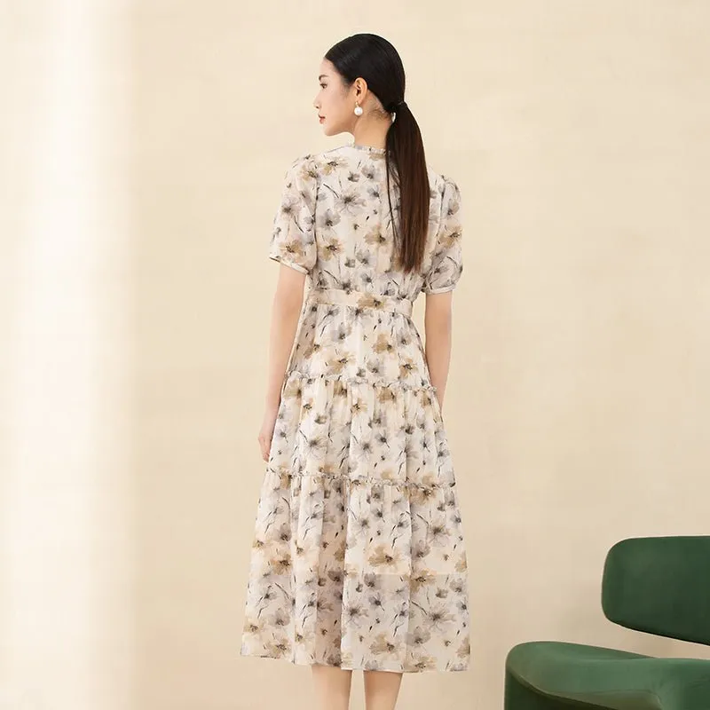 Beige Printed Flower Pattern Waist Midi Dress