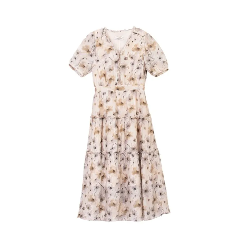 Beige Printed Flower Pattern Waist Midi Dress