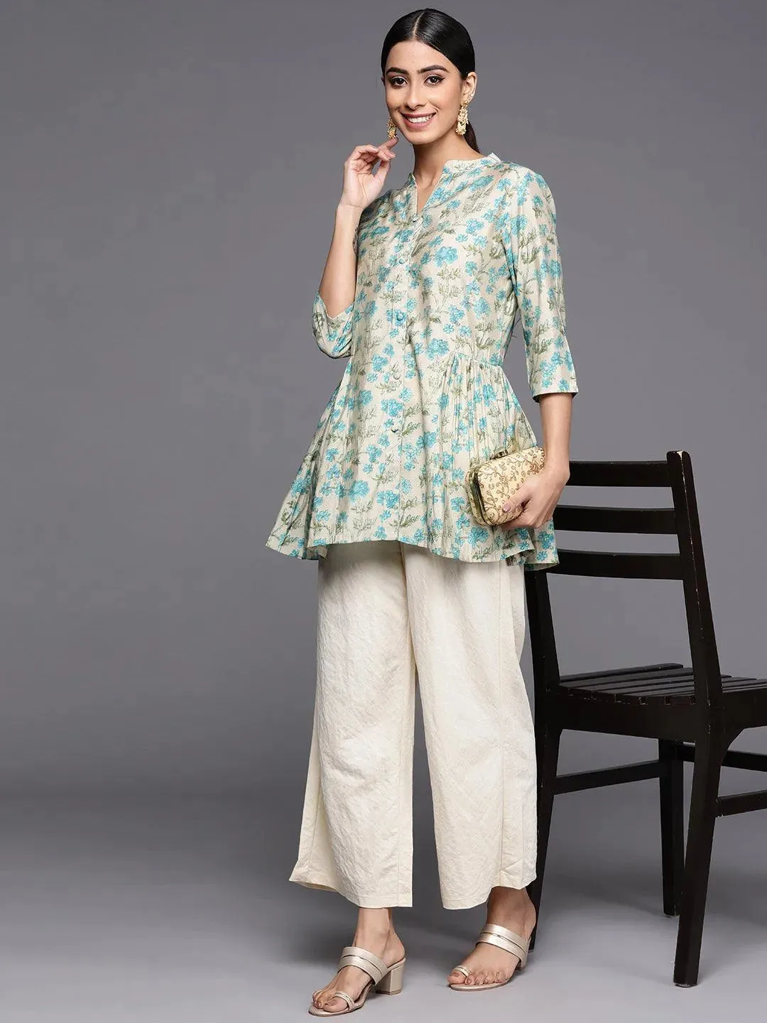 Beige Printed Silk Blend A-Line Kurti