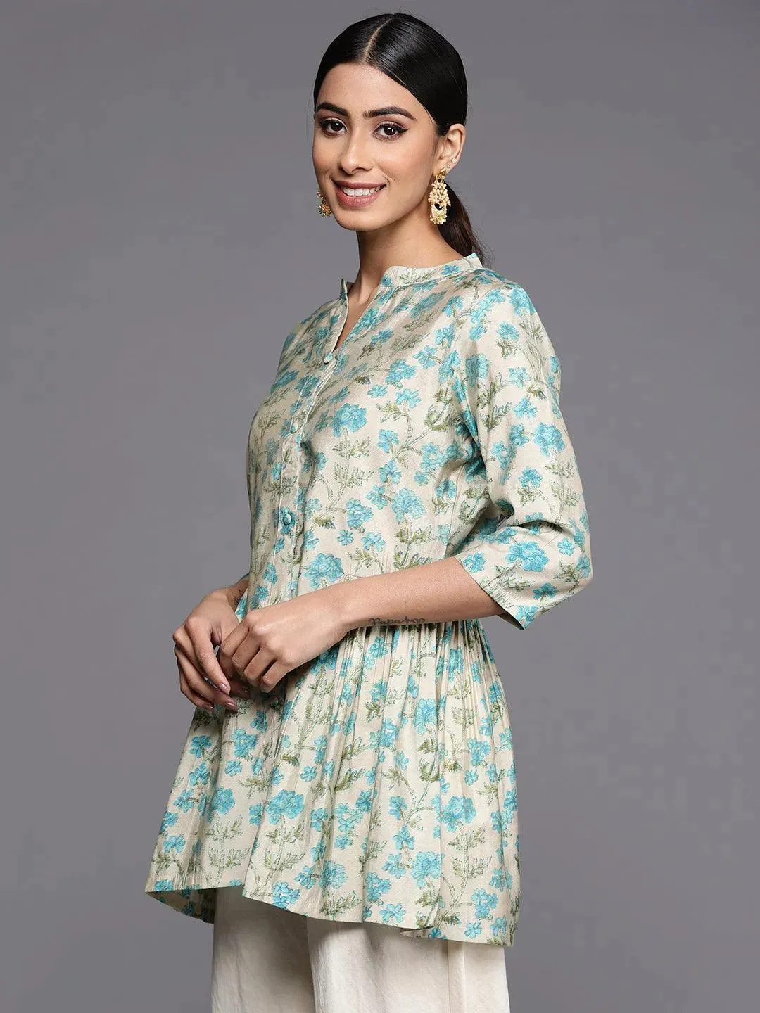 Beige Printed Silk Blend A-Line Kurti