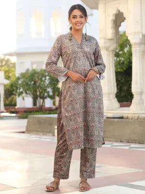 Beige Printed Velvet Straight Kurta With Pants