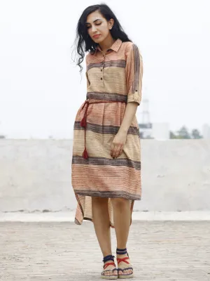 Beige Red Black Hand Brushed Painted Cotton Shirt Dress With Tie-Up Waist And Side Pockets -  D85F781