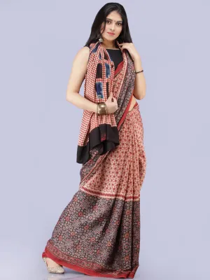 Beige Red Indigo Black Ajrakh Hand Block Printed Modal Silk Saree - S031704259