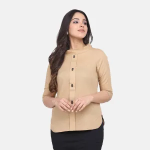 Beige Round Collar Cotton Ladies Top 