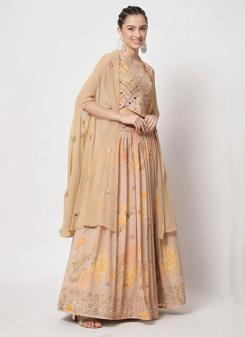 Beige Sequence Embroidery Digital Printed Lehenga Choli