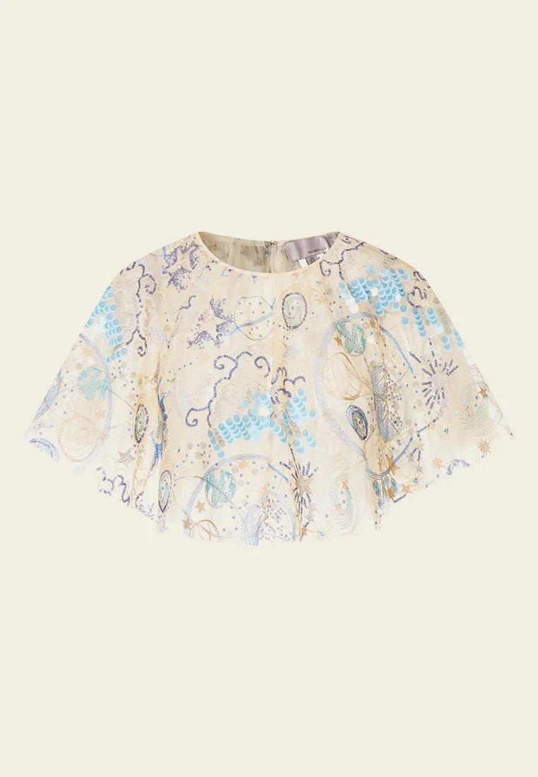 Beige Sequin Embroidered Cape