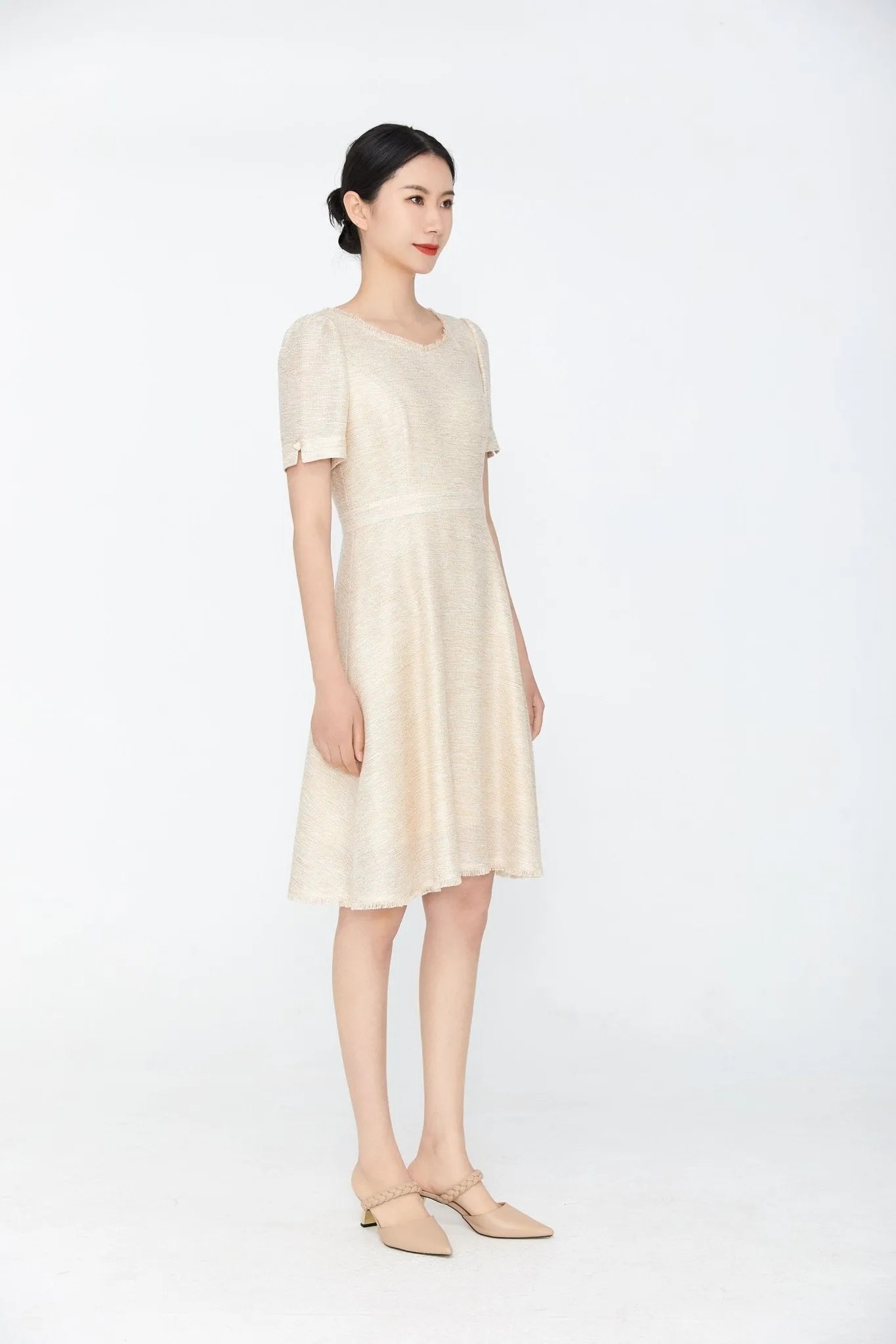 Beige Short Sleeve Waisted Dress