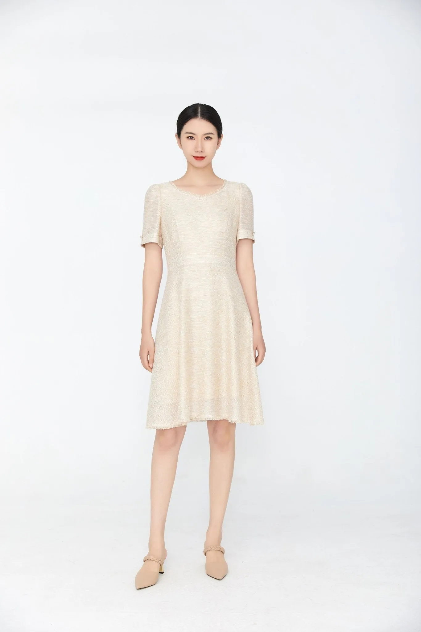 Beige Short Sleeve Waisted Dress