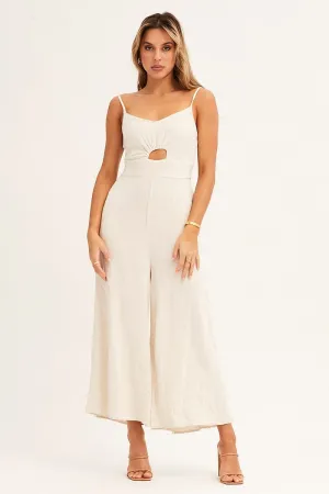 Beige Sleeveless Jumpsuit Cut Out V-Neck