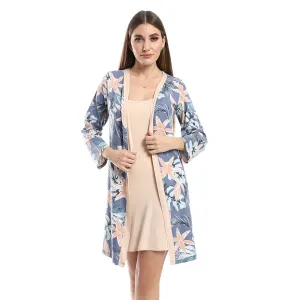 Beige Solid Short Nightgown & Colorful Floral Robe Set