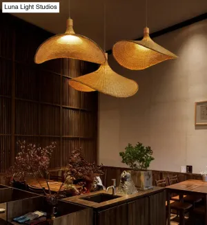 Beige Straw Hat Shape Hanging Lamp Kit Asian 1-Light Rattan Ceiling Pendant Light for Dining Table