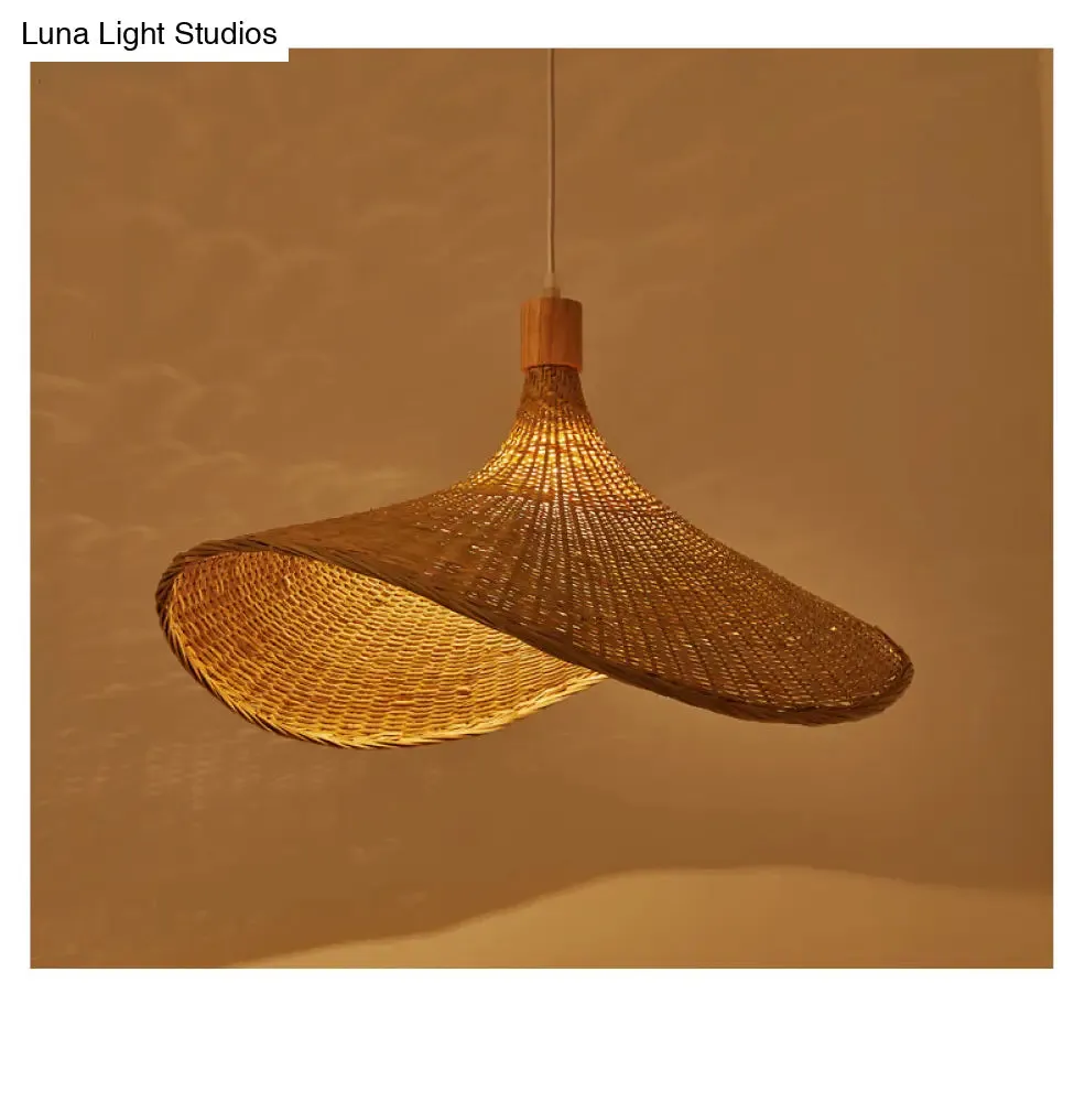 Beige Straw Hat Shape Hanging Lamp Kit Asian 1-Light Rattan Ceiling Pendant Light for Dining Table