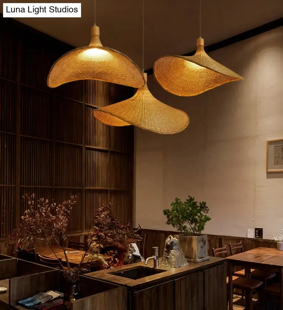 Beige Straw Hat Shape Hanging Lamp Kit Asian 1-Light Rattan Ceiling Pendant Light for Dining Table