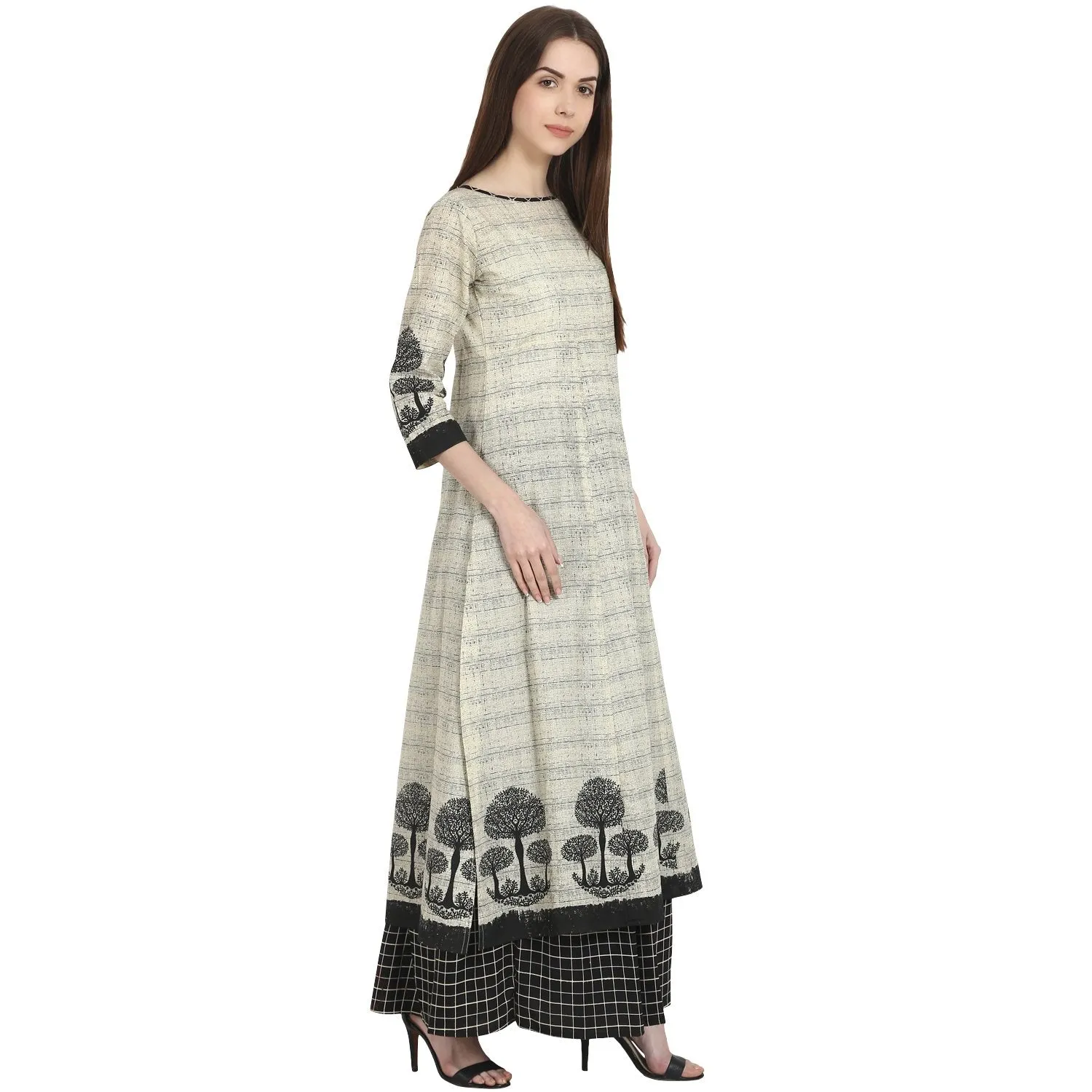 Beige Tree Printed Cotton Kurta With Black Printed Skirt