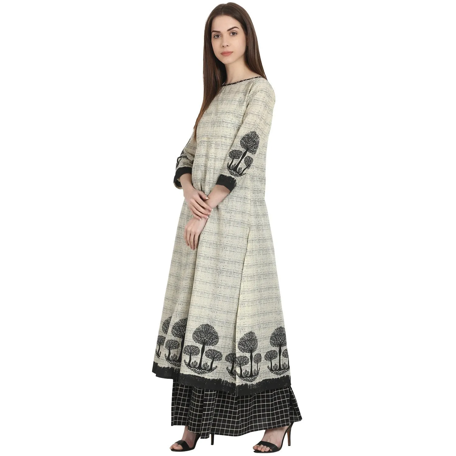 Beige Tree Printed Cotton Kurta With Black Printed Skirt