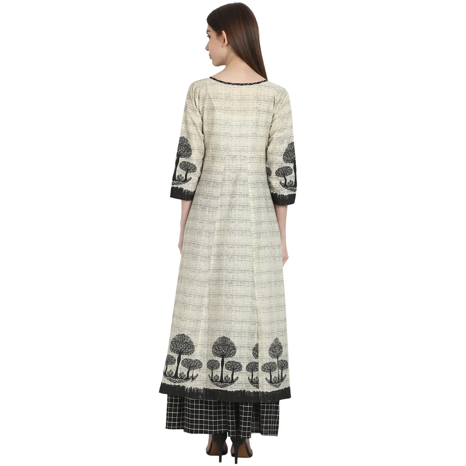 Beige Tree Printed Cotton Kurta With Black Printed Skirt