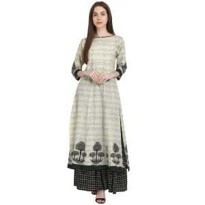 Beige Tree Printed Cotton Kurta With Black Printed Skirt